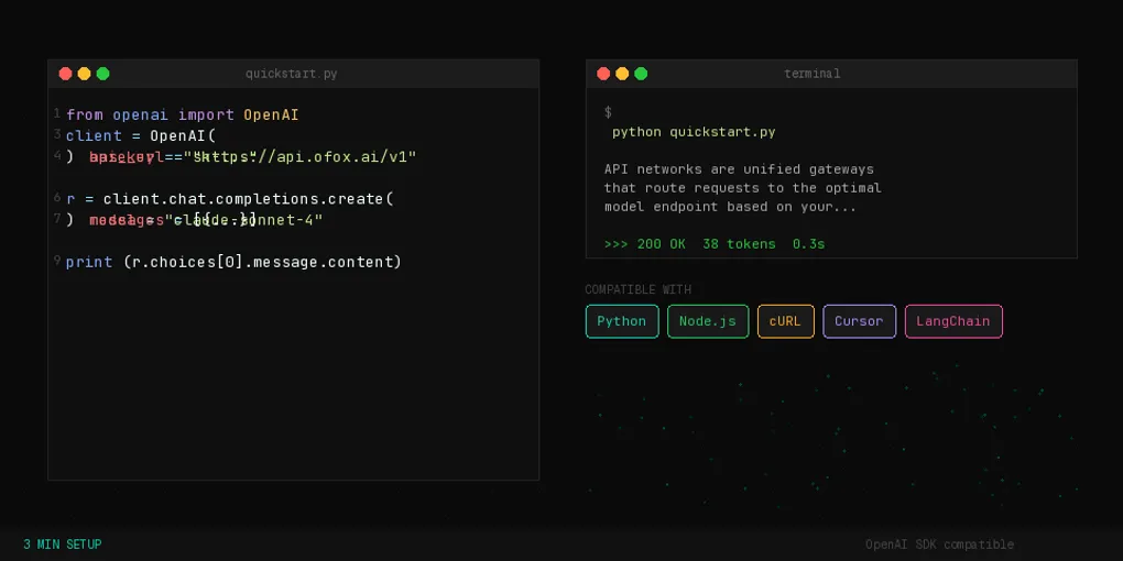 3 分钟接入 ofox.ai：Python / Node.js / cURL 快速指南